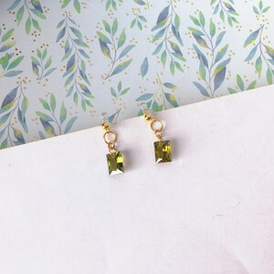 Invisible clip on earrings, Small Green Crystal Square Earrings