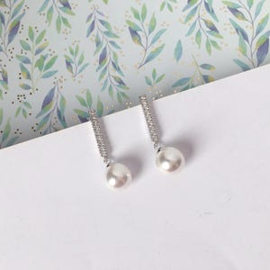 Invisible clip on earrings, Diamond Stick with White Pearl Drop Earrings