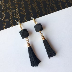 Invisible clip on earrings, Black Wood Ball with Tassel Earrings