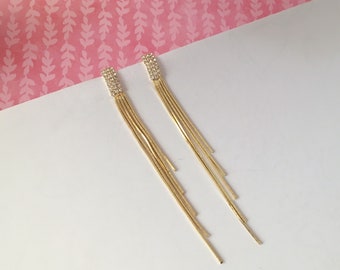 Invisible clip on earrings, Golden Tassel Long Earrings