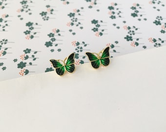 Invisible clip on earrings, Green and Blue Butterfly Studs