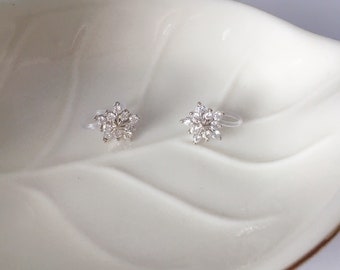 Invisible clip on earrings, Diamond-designed Flower Studs