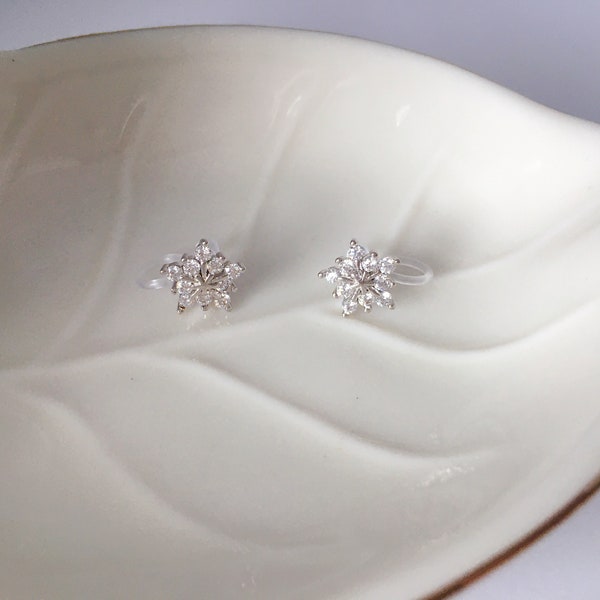 Invisible clip on earrings, Diamond-designed Flower Studs