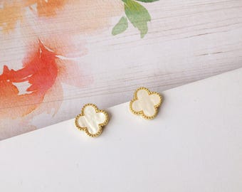 Invisible clip on earrings,  White four leaf clover studs