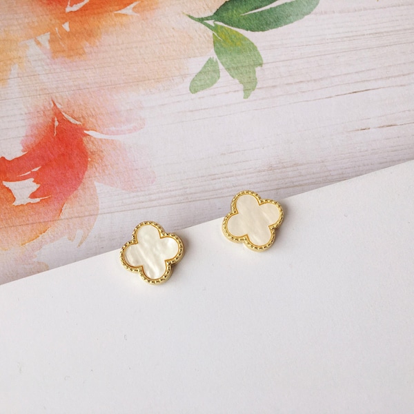 Invisible clip on earrings,  White four leaf clover studs