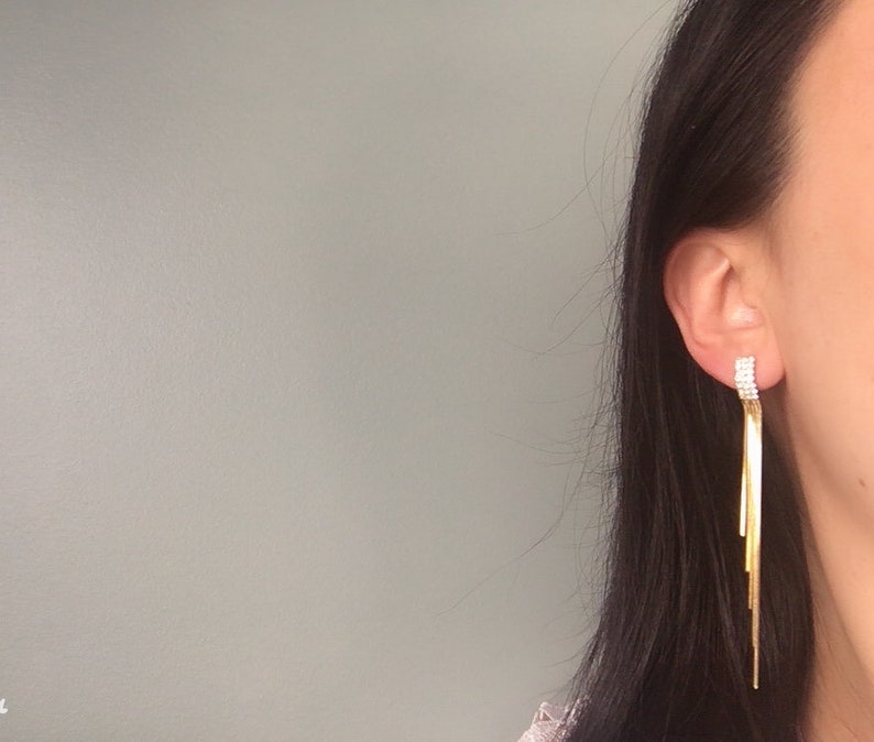 Invisible clip on earrings, Golden Tassel Long Earrings image 3