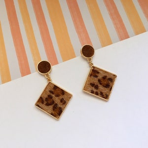 Invisible clip on earrings, Leopard Print Square Earrings