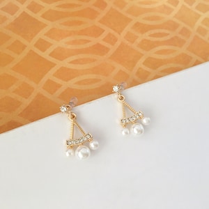 Invisible clip on earrings, Golden Triangle and Pearl Earrings