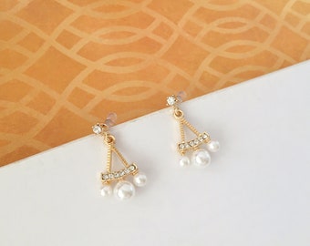 Invisible clip on earrings, Golden Triangle and Pearl Earrings