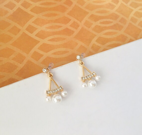 Invisible clip on earrings, Golden Triangle and Pearl Earrings