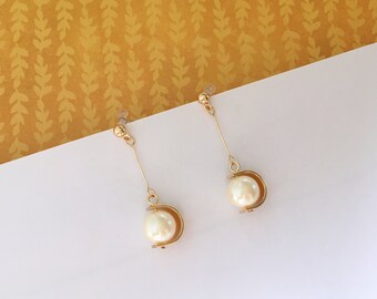 Invisible clip on earrings, Golden C Frame Pearl Earrings