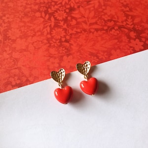 Invisible clip on earrings, Golden and Red Hearts Earrings