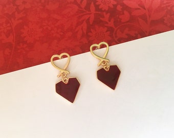 Invisible clip on earrings, Golden and Red Hearts Earrings