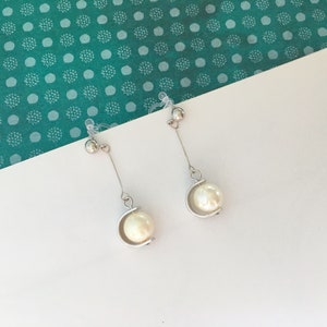 Invisible clip on earrings, Silver C Frame Pearl Earrings