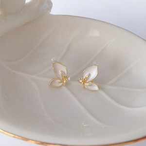 Invisible clip on earrings, White Butterfly Studs