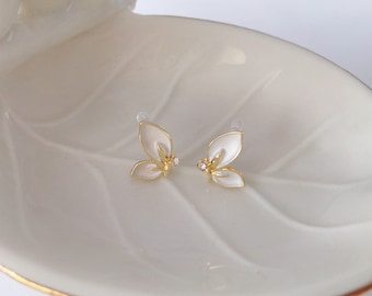 Invisible clip on earrings, White Butterfly Studs