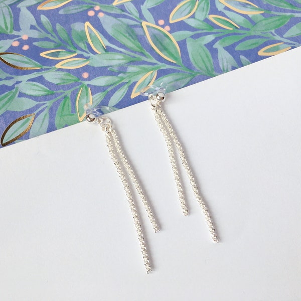 Invisible clip on earrings, Silver Chain Drops Earrings