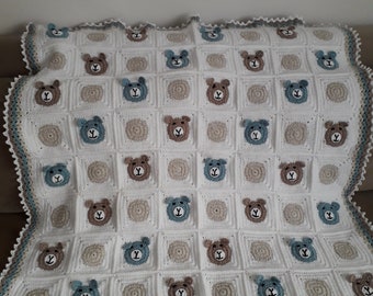 Hand Crocheted Teddy Bear Baby Blanket, Soft and warm Baby Blanket, Cozy Blanket, Granny square Blanket, Baby gift, Anti-Pill Acrylic