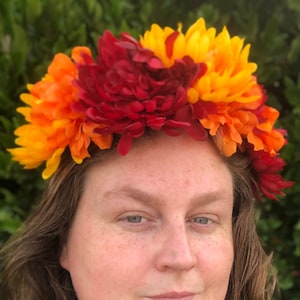 Yellow and Red Chrysanthemum and Orange Zinnia Flower Crown