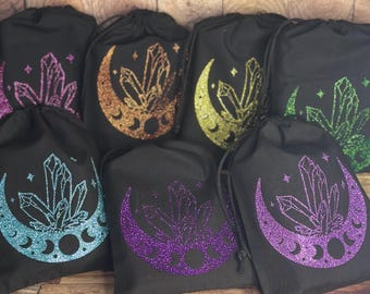 Black Crystal Crescent Moon Drawstring Bag: Witchy Tarot Dice Pouch