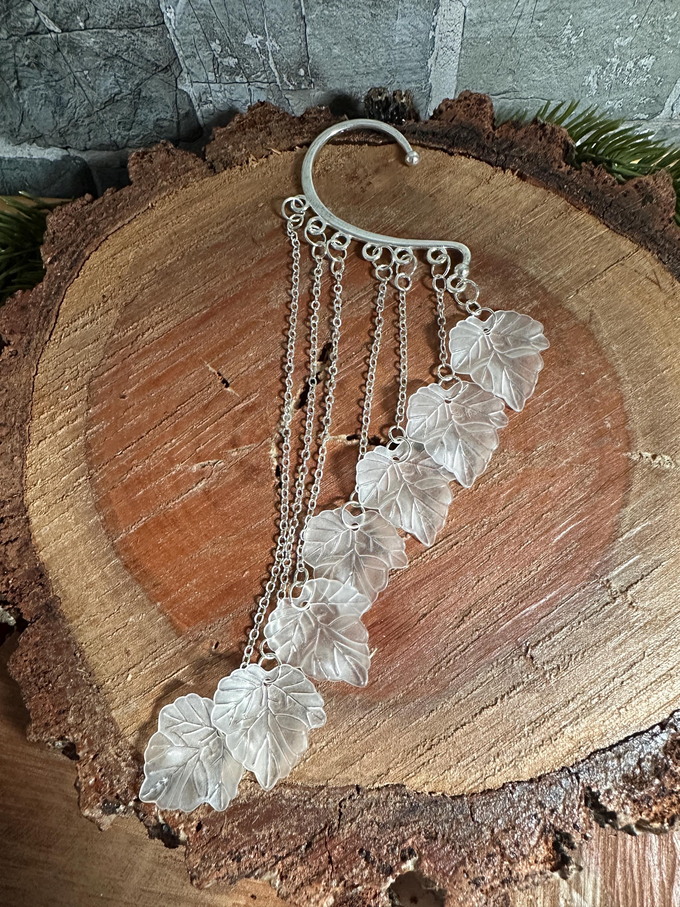 Frostfall Veil White Leaf Ear Cuff - Silver Woodland Ear Wrap, No Piercing, Ethereal Nature Jewelry, Lightweight Statement Cuff
