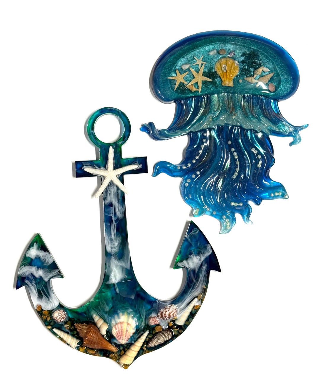 Epoxy Shell Designs Ocean Resin Wall Art – Anchor or Jellyfish, 3D Epoxy Resin With Real ...