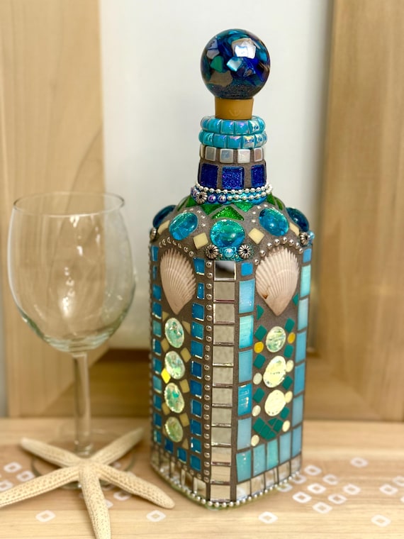 Mosaic Fairy Light Bottle Art: Upcycled Glass Decor with Shell Stopper. Lighted Stained Glass Wine Bottle