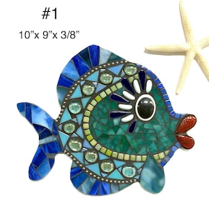 Handmade Stained Glass Mosaic Tropical Fish Hanging Wall Art, Gold Fish, Blue Tonguefish Ocean and Beach Nautical Decor – 10”x9”