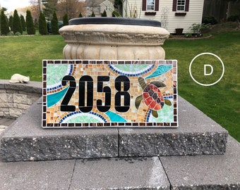 Sea Turtle Beach house address plaque. Mosaic handcrafted custom Address Sign house numbers Weatherproof for outside. Flowers design signs