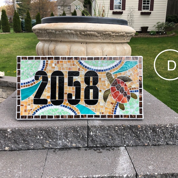 Sea Turtle Beach house address plaque. Mosaic handcrafted custom Address Sign house numbers Weatherproof for outside. Flowers design signs