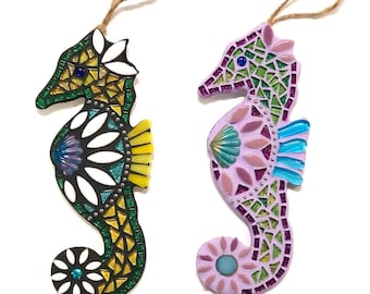 Seahorse Glass Mosaic Wall Hanging Nautical Beach Home Decoration. Ocean Inspired Art