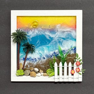 Tropical Ocean Seaside Resin Art on Wood – Beach Scene with Waves, Palm Tree & Sand – 8x8 Coastal Paradise Wall Decor