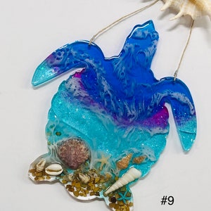 Epoxy Resin Sea Turtle Wall Art – 8.5x7.5” – Ocean Colors with Natural Shells – Ready to Hang – Coastal Beach Home Indoor Decor