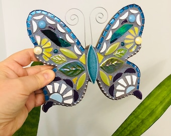 Iridescent Multicolored Stained Glass Butterfly Mosaic Wall Hanging
