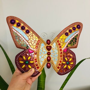 Mixed Media Iridescent Stained Glass Mosaic Colorful Butterfly Wall Art – Indoor Stained Glass Decor on Wood – Handmade Ready to Hang