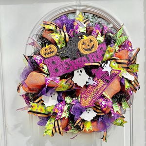 Halloween  Wreath For Front Door. Door Décor. Halloween Decorations. Ghost Wreath. Halloween Entrance.