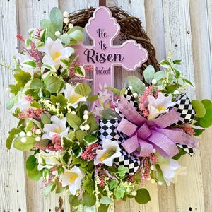 Easter Cross Wreath For Front Door. Spring Wreath. Cross Wreath. Easter Spring Decor. Porch Decor.Easter Lily Wreath. He is Risen wreath.