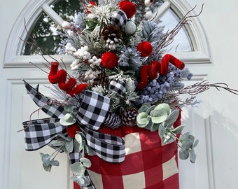 Rustic Farmhouse Wreath Door Hanger for front Door. Country Porch Décor.  Christmas Door Hanger.