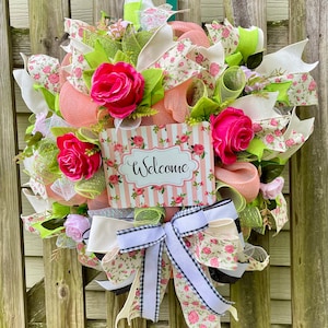 Welcome Wreath For Front Door. Spring Wreath. summer Wreath. Everyday Wreath. Porch Decor. Deco Mesh Wreath.