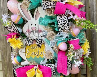 Farmhouse Easter Bunny Wreath  For Front Door. Country Porch Décor. Easter Decoration. Leopard Print Easter Wreath. Housewarming Gift.