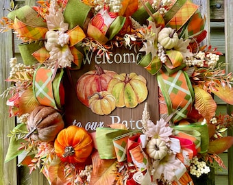 Fall Pumpkin Wreath: Farmhouse Autumn Decor, "Welcome To Our Patch" Sign
