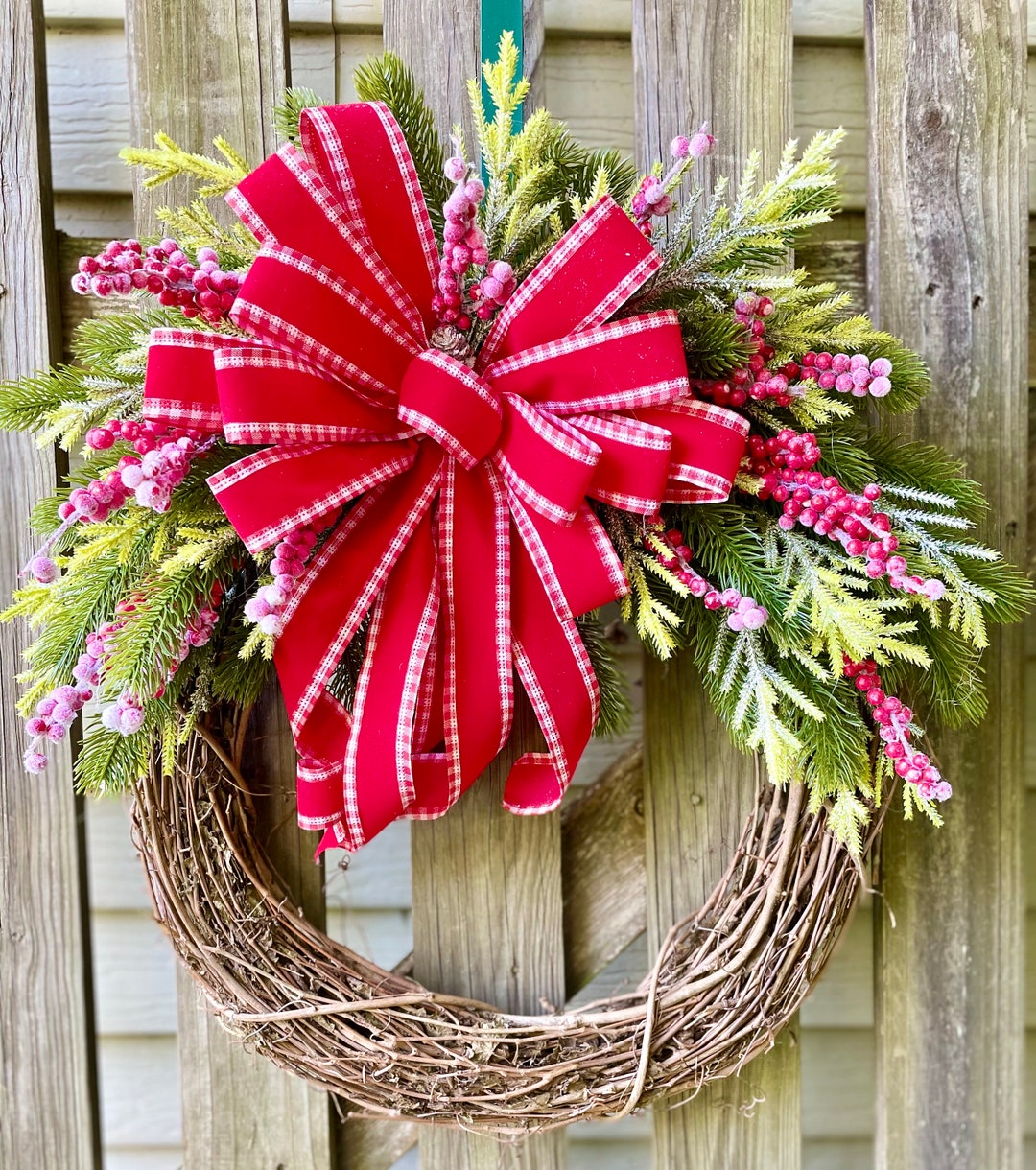 Farmhouse Christmas Wreath: Grapevine, Red Bow & Frosted Berries - Etsy