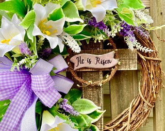 Easter Cross Wreath For Front Door. Spring Wreath. Cross Wreath. Easter Spring Decor. Porch Decor.Easter Lily Wreath. He is Risen wreath.