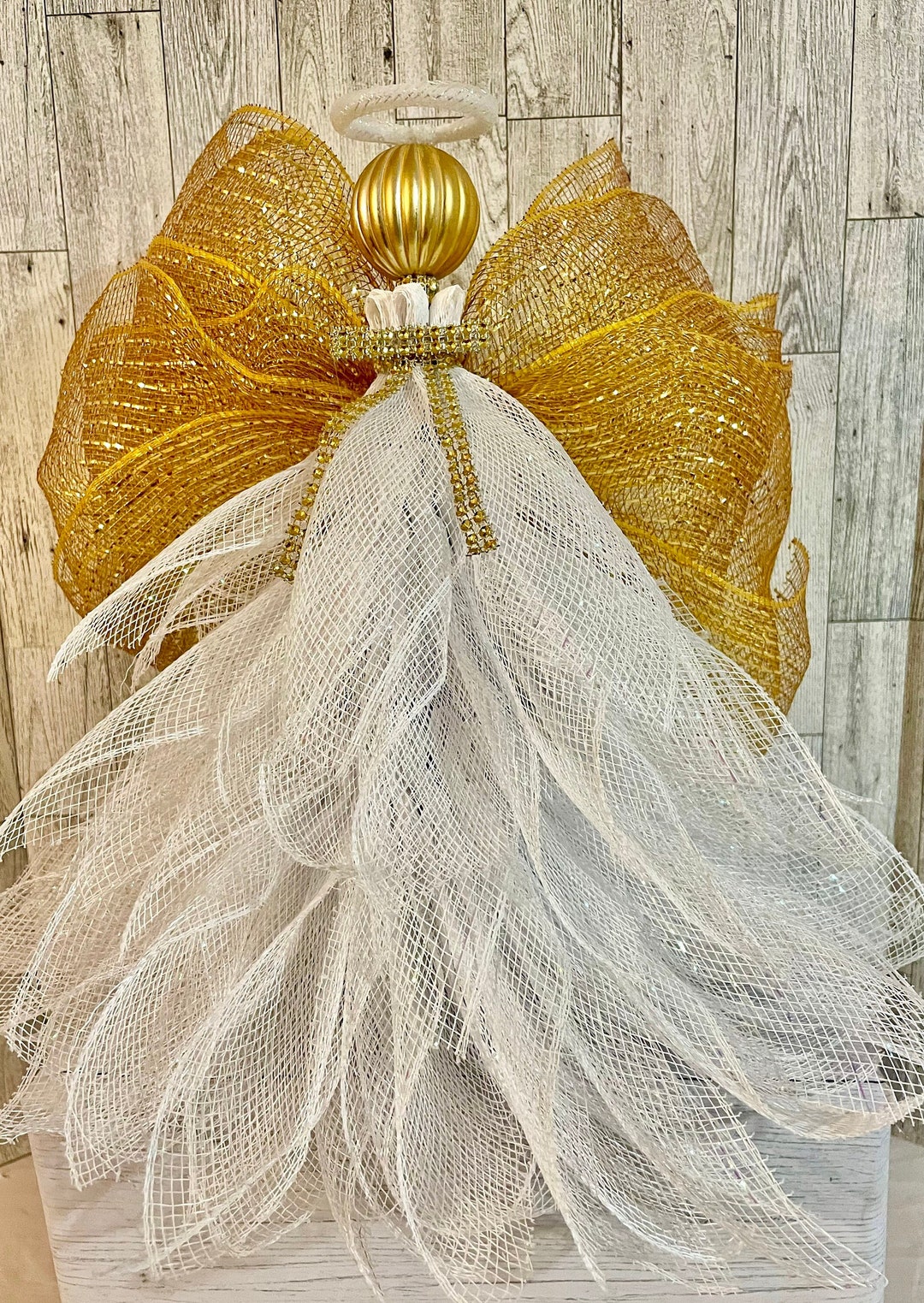 Christmas Angel Tree Topper. White and Gold Deco Mesh Angel Tree Topper