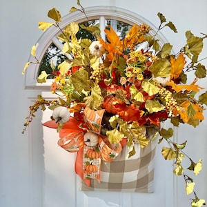 Rustic Farmhouse  Fall  Door Hanger for front Door. Country Porch Décor.  Fall  Pumpkin Wreath.