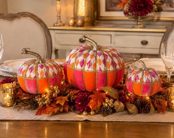 Pink & Orange Harlequin Velvet Pumpkins Set | Glam Fall Decor | Halloween Centerpiece | Handmade Autumn Table Decor