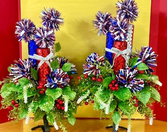 Patriotic Firecracker Centerpiece Set, 4th of July Table Decor, Red White Blue Candlestick Arrangement, Memorial Day Decor,