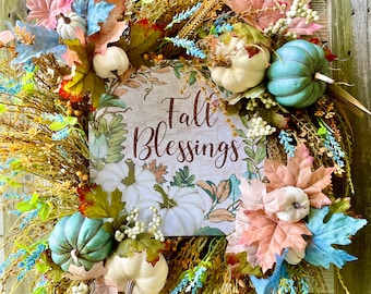 Farmhouse Fall Wreath: Pumpkin & Blessings Sign, Front Door Decor