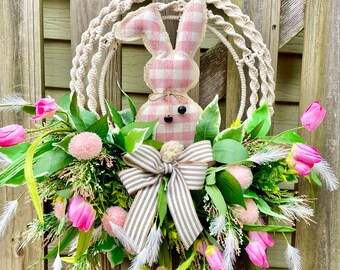 Spring Wreath For Front Door. Easter Bunny Wreath. Farmhouse Spring Door Decor. Macrame Wreath. Porch Decor.