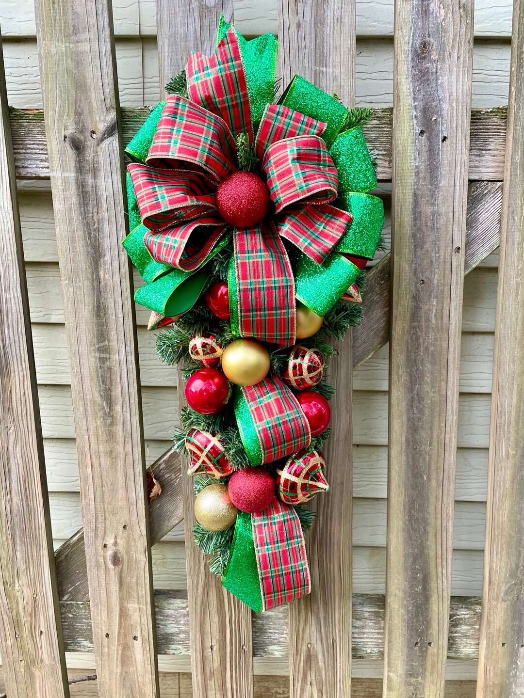 Traditional Christmas Swag for Front Door. Plaid Christmas Swag
